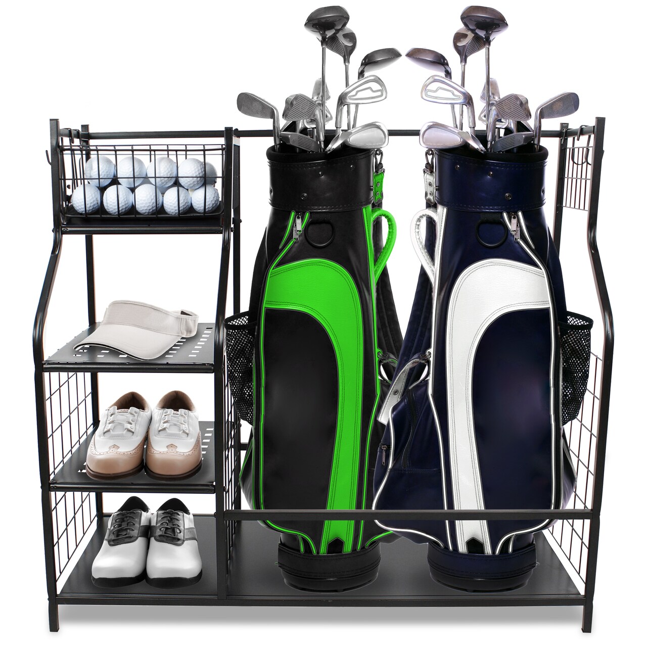 Swing Sports 2 Golf Bag Storage Rack for Garage with Golf Accessories Shelves